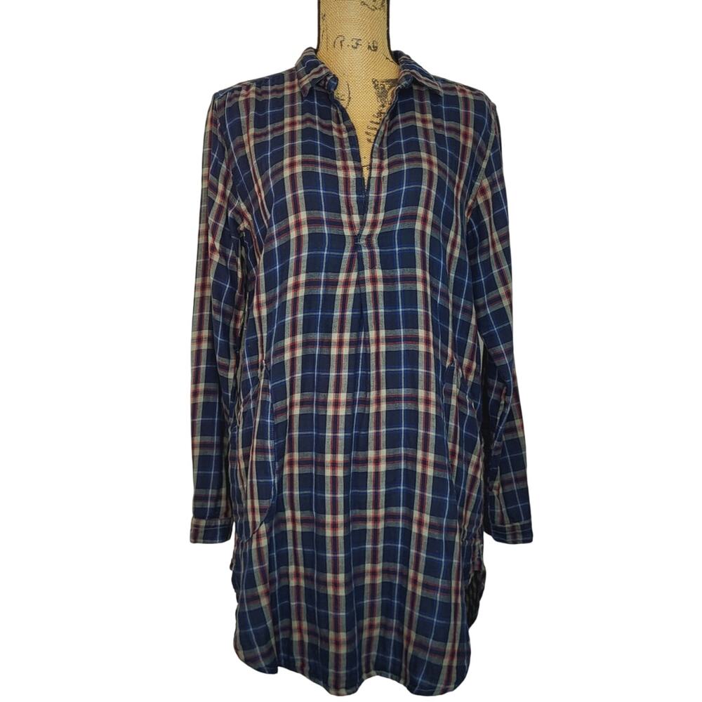 Free People CP Shades Lagenlook Blue Plaid Cotton Tunic/Dress size M Made in USA